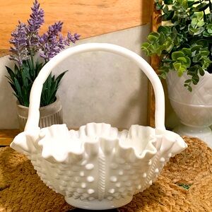 Vintage, Fenton, Hobnail Milk Glass Ruffle Edge Handled Bridal Basket, E…